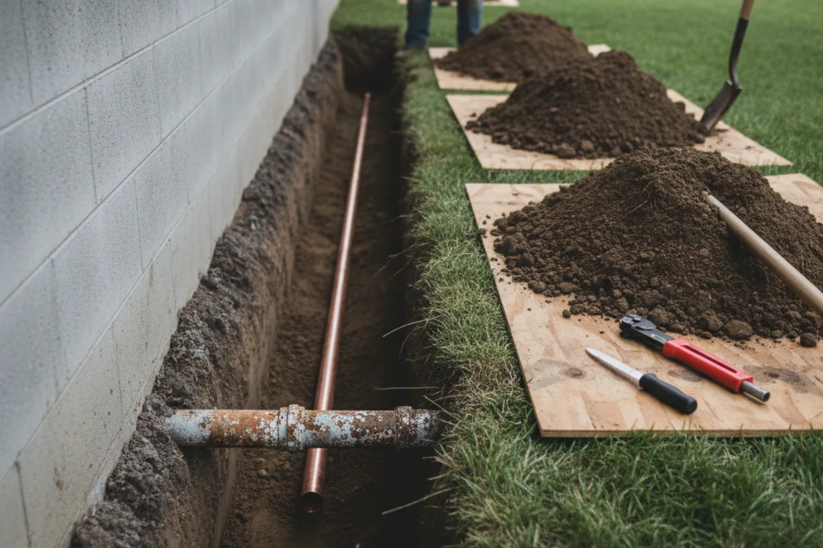 Excavated water line trench during Sewer Line Repair in Mitchell